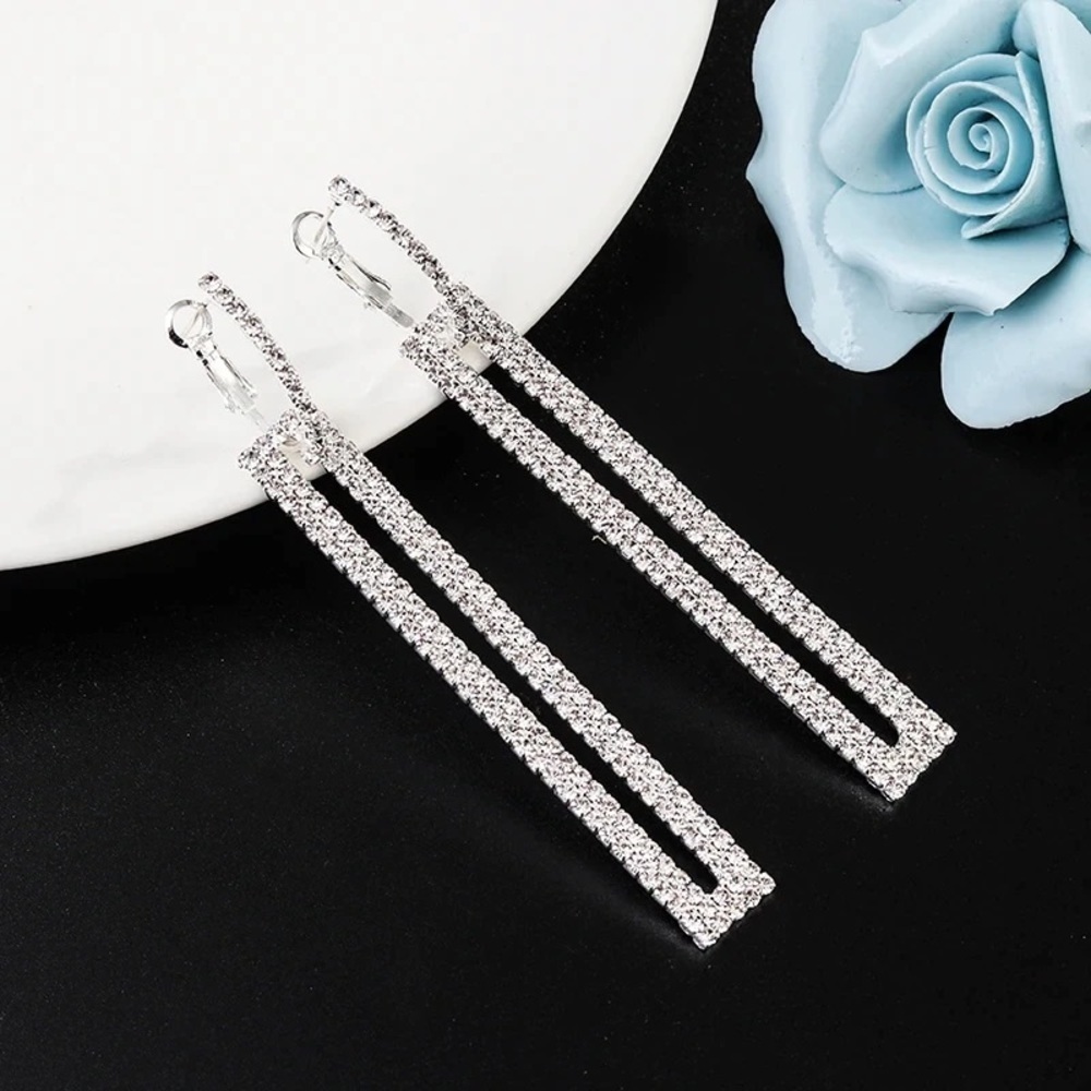 Silver Rhinestone Dangle Earrings - Picture 4 of 12